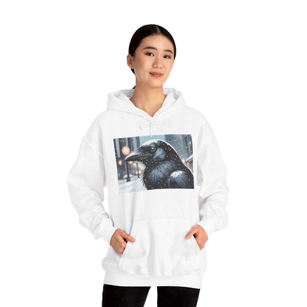Urban Crow In Falling Snow Hoodie — Comfy Winter Graphic Hoodie