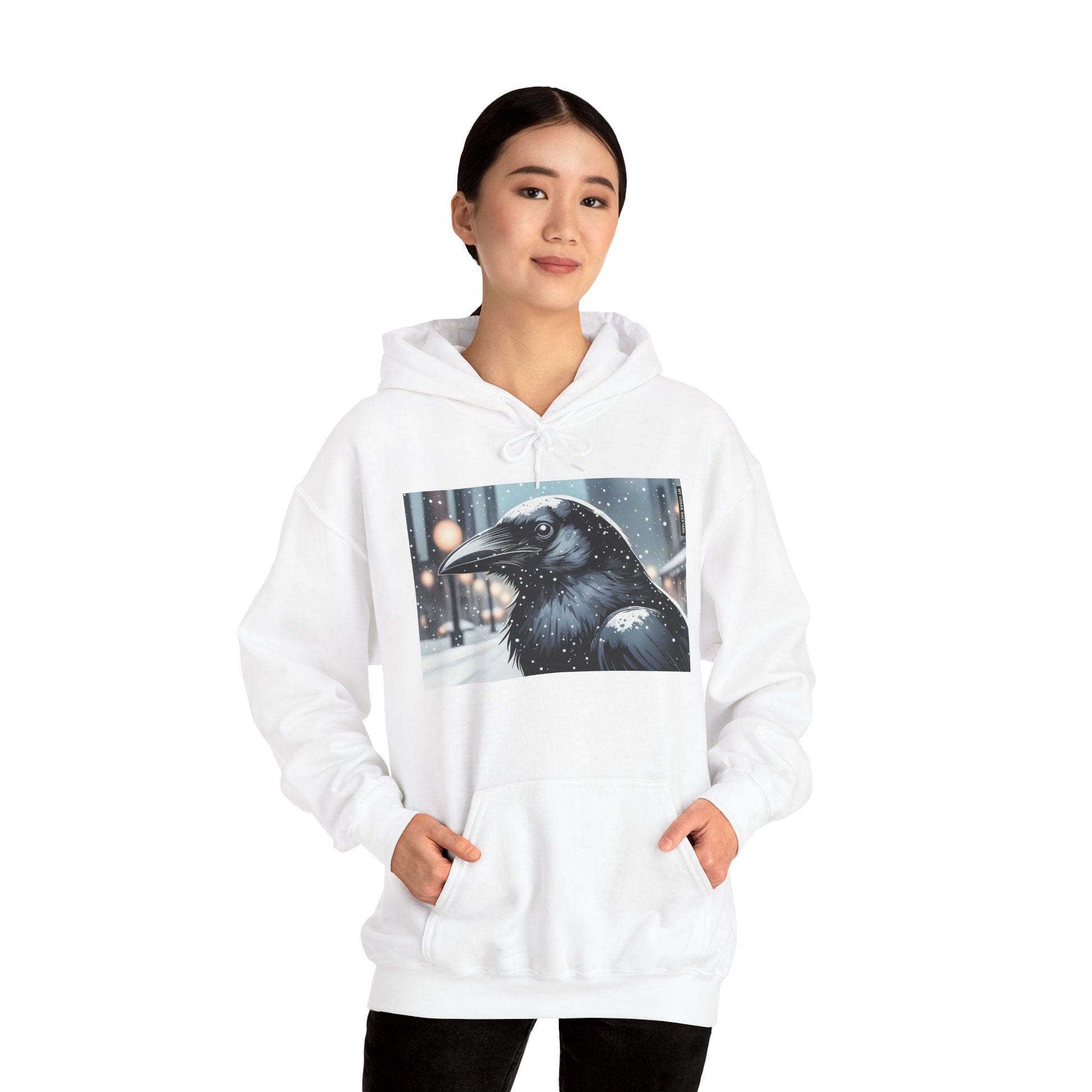 Urban Crow In Falling Snow Hoodie — Comfy Winter Graphic Hoodie