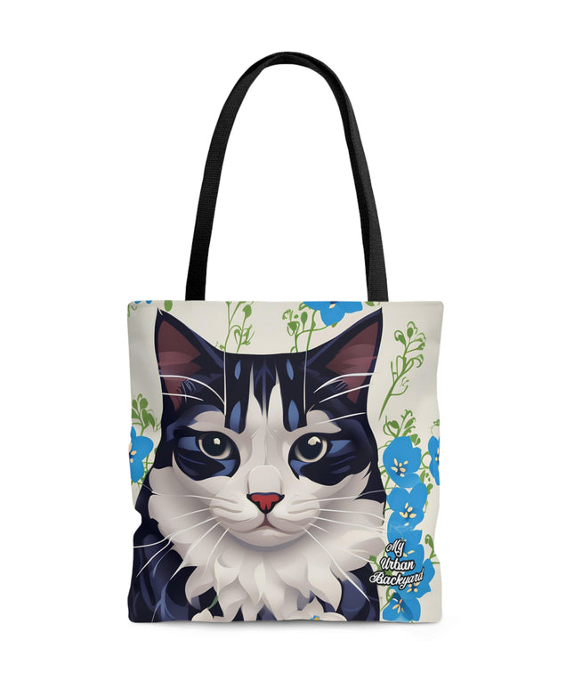 Cat and Blue Flowers, Tote Bag for Everyday Use - Durable and Functional