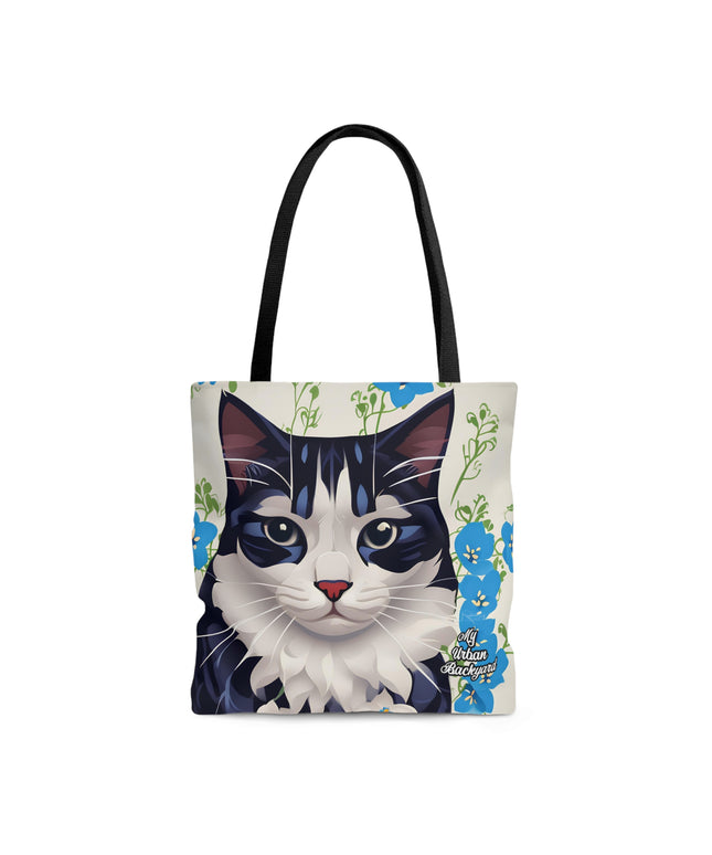 Cat and Blue Flowers, Tote Bag for Everyday Use - Durable and Functional