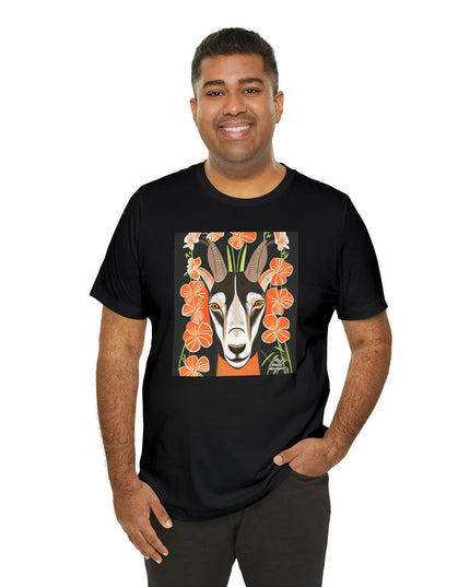 Goat with Orange Flowers, Soft 100% Jersey Cotton T-Shirt, Unisex, Short Sleeve, Retail Fit