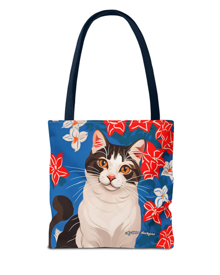 Cat and Red White & Blue Flowers Tote Bag with Cotton Handles For Everyday Use, 3 Sizes