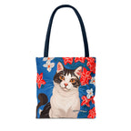 Cat with Red and White Flowers, Tote Bag with Cotton Handles For Everyday Use, 3 Sizes