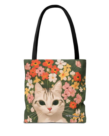 White Cat with Flowers Tote Bag with Cotton Handles For Everyday Use, 3 Sizes
