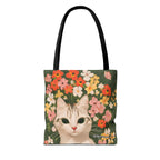 White Cat with Flowers Tote Bag with Cotton Handles For Everyday Use, 3 Sizes