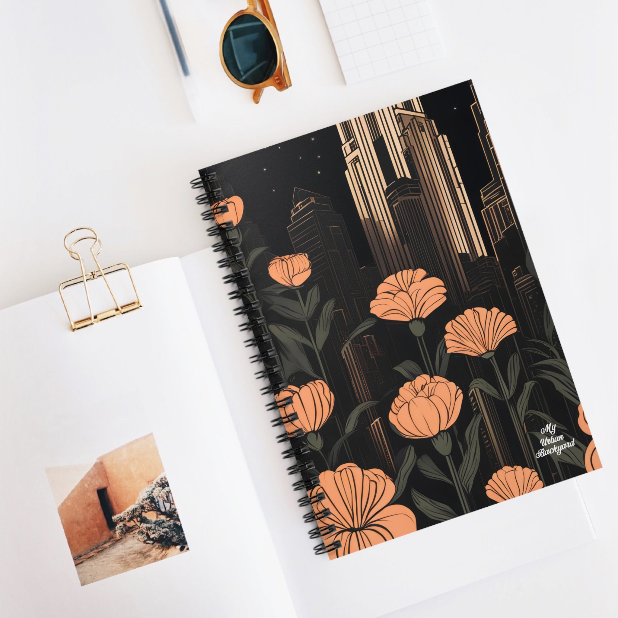 Urban Evening with Flowers, Spiral Notebook Writing Journal - 118 Ruled Pages