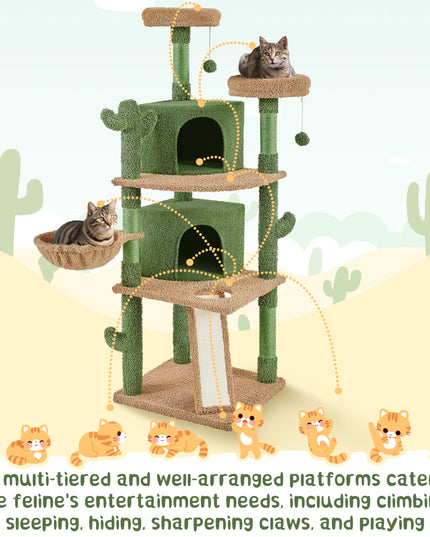 Yaheetech Cactus Cat Tree, 66?H Cat Tower for Indoor Cats, Multi-Level Cat Tree with Large Condos & Ramp, Pet Play House with Padded Perch, Platforms, Basket & Hanging Ball, Green/Brown