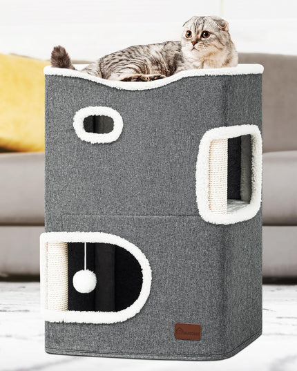 YIATHOME 2 Storey Cat House, Cat Beds for Indoor Cats, Small Cat Condo with Scratch Post and Hideaway Cave, Modern Cat Cube Playhouse for Multi Kittens, Classic Style, Grey