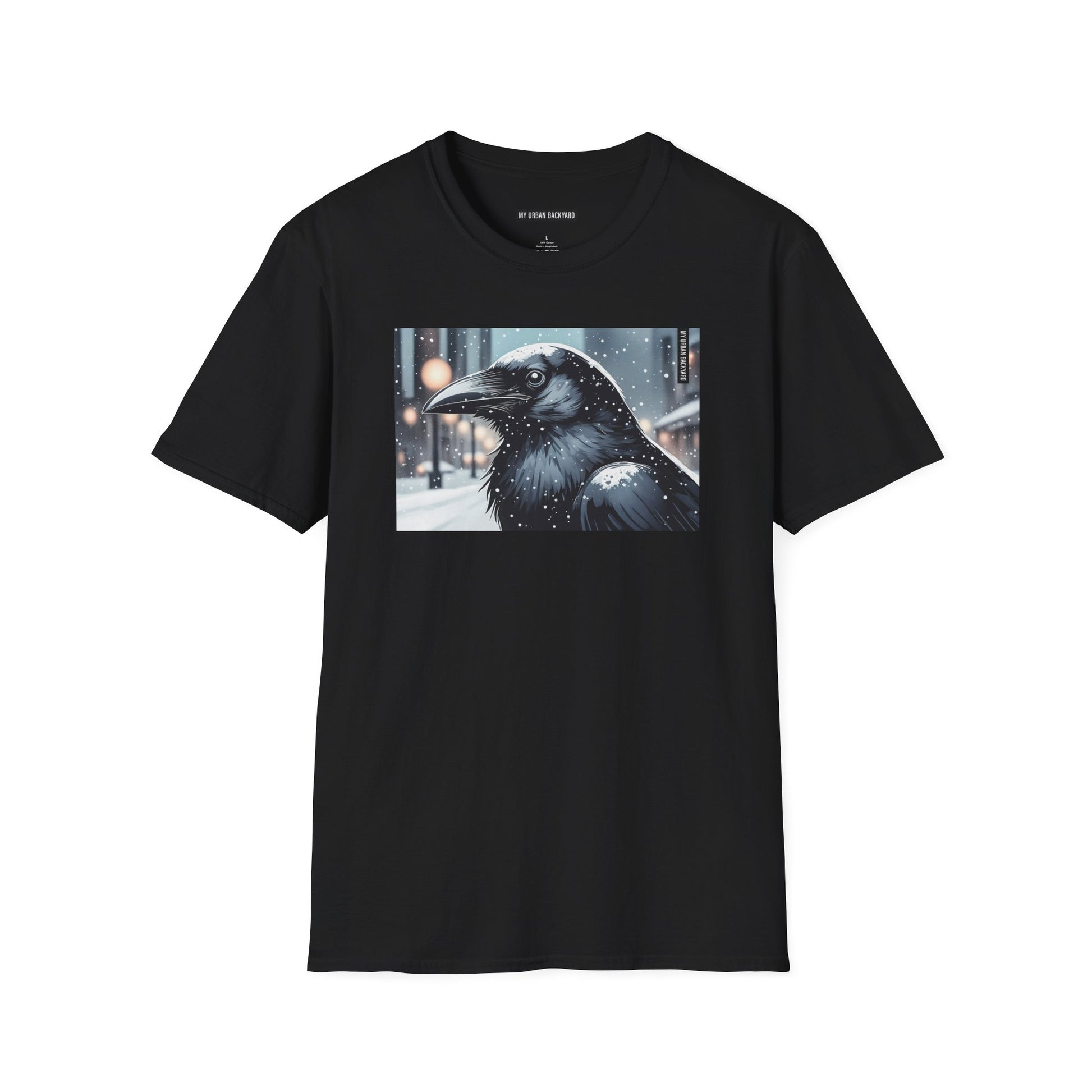 Urban Crow In Falling Snow T-Shirt — Winter Crow Graphic Tee