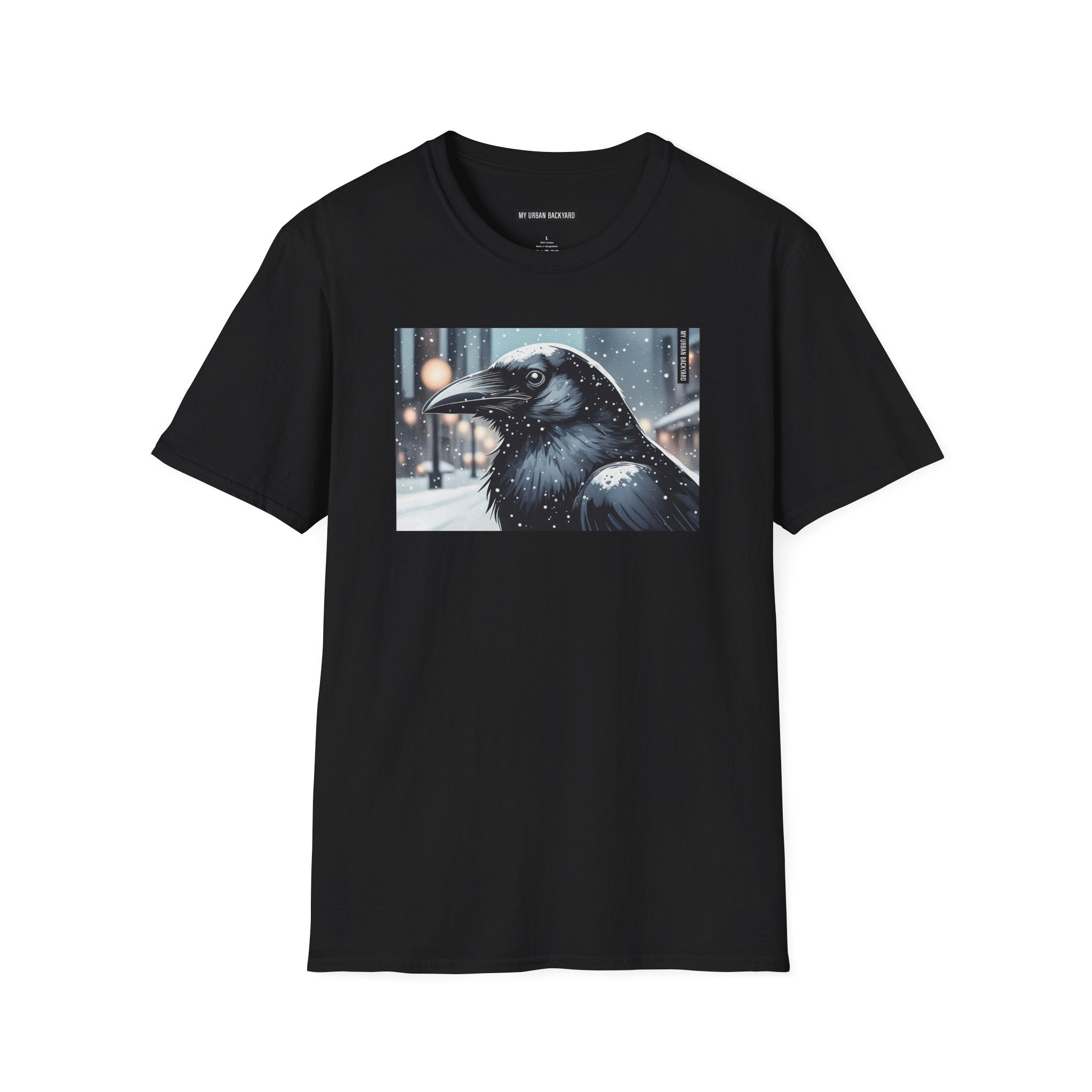 Urban Crow In Falling Snow T-Shirt — Winter Crow Graphic Tee