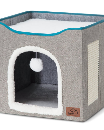 Bedsure Cat Beds for Indoor Cats - Large Cat Cave for Pet Cat House with Fluffy Ball Hanging and Scratch Pad, Foldable Cat Hideaway,16.5x16.5x13 inches, Grey