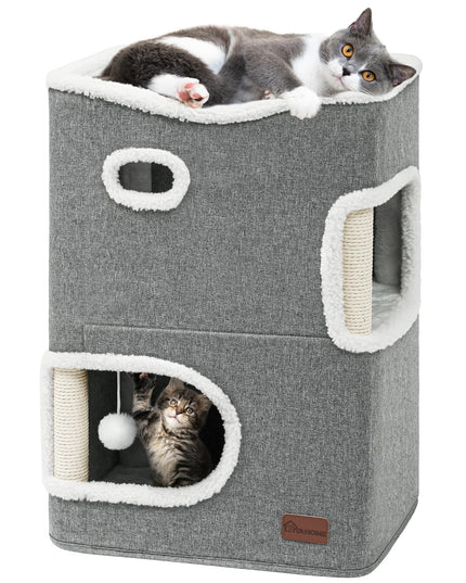 YIATHOME 2 Storey Cat House, Cat Beds for Indoor Cats, Small Cat Condo with Scratch Post and Hideaway Cave, Modern Cat Cube Playhouse for Multi Kittens, Classic Style, Grey