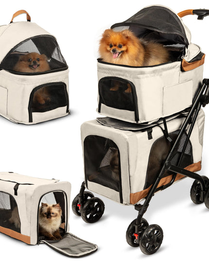 Double Pet Stroller with Detachable Carriers - Ideal for 2 Dogs or Cats - Compact & Convenient Design - Easy Assembly Double Dog Stroller - Cosmic Beige