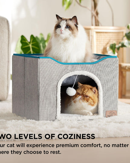 Bedsure Cat Beds for Indoor Cats - Large Cat Cave for Pet Cat House with Fluffy Ball Hanging and Scratch Pad, Foldable Cat Hideaway,16.5x16.5x13 inches, Grey