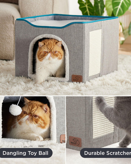 Bedsure Cat Beds for Indoor Cats - Large Cat Cave for Pet Cat House with Fluffy Ball Hanging and Scratch Pad, Foldable Cat Hideaway,16.5x16.5x13 inches, Grey