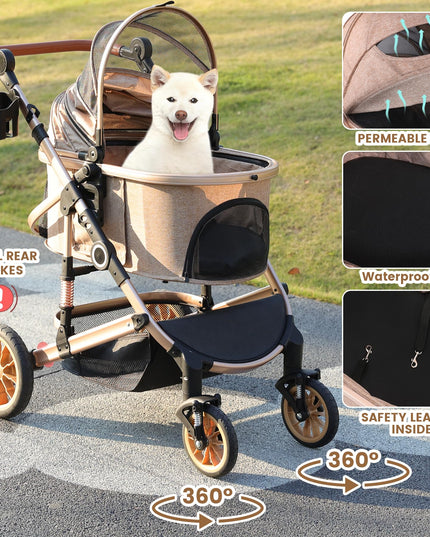 Pet Stroller with 4 Wheels, Foldable Pet Travel Carrier for Small/Medium Dogs Cats up to 50lbs, Detachble Portable Pet Bag, Storage Basket, Car Seat 3 in 1 Multifunctional (Tan)