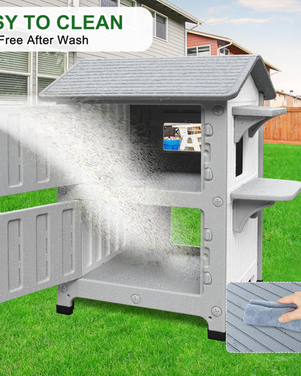 Rockever Luxury Plastic Outdoor Indoor Cat House with Escape Door, Waterproof 2 Story Outdoor Houses for Feral Cats Outside Cat Shelter, Spacious, Clean and Assemble Easily