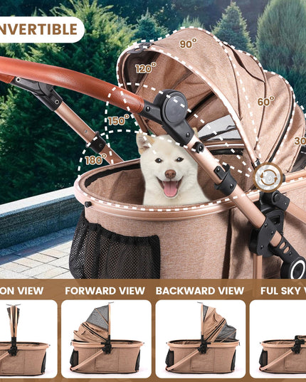 Pet Stroller with 4 Wheels, Foldable Pet Travel Carrier for Small/Medium Dogs Cats up to 50lbs, Detachble Portable Pet Bag, Storage Basket, Car Seat 3 in 1 Multifunctional (Tan)