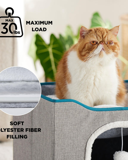 Bedsure Cat Beds for Indoor Cats - Large Cat Cave for Pet Cat House with Fluffy Ball Hanging and Scratch Pad, Foldable Cat Hideaway,16.5x16.5x13 inches, Grey