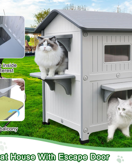 Rockever Luxury Plastic Outdoor Indoor Cat House with Escape Door, Waterproof 2 Story Outdoor Houses for Feral Cats Outside Cat Shelter, Spacious, Clean and Assemble Easily