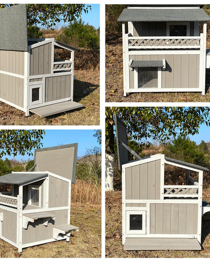 Gowoodhut Feral Cat Shelter Outdoor Weatherproof Houses for Cats Two Story Wooden Cat House Outside Feral Cat House with Balcony Waterproof, Escape Doors