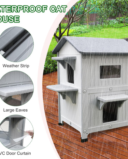 Rockever Luxury Plastic Outdoor Indoor Cat House with Escape Door, Waterproof 2 Story Outdoor Houses for Feral Cats Outside Cat Shelter, Spacious, Clean and Assemble Easily