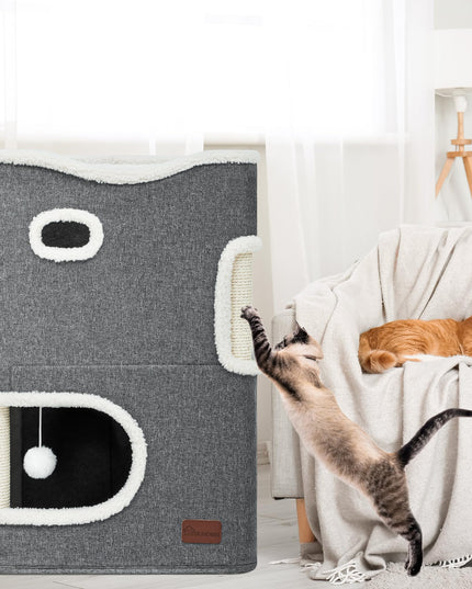 YIATHOME 2 Storey Cat House, Cat Beds for Indoor Cats, Small Cat Condo with Scratch Post and Hideaway Cave, Modern Cat Cube Playhouse for Multi Kittens, Classic Style, Grey