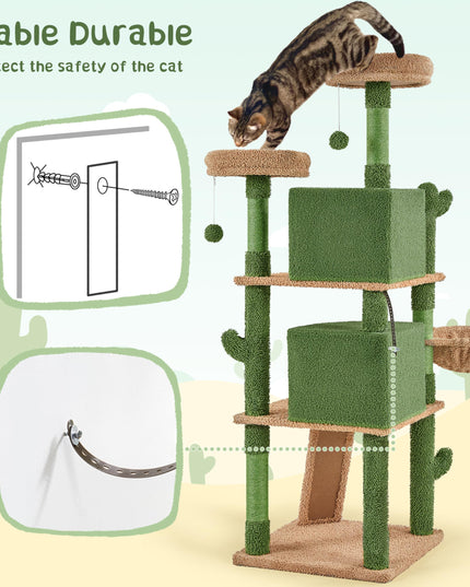 Yaheetech Cactus Cat Tree, 66?H Cat Tower for Indoor Cats, Multi-Level Cat Tree with Large Condos & Ramp, Pet Play House with Padded Perch, Platforms, Basket & Hanging Ball, Green/Brown