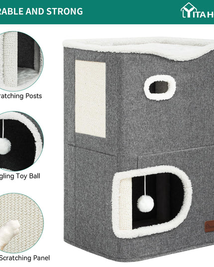 YIATHOME 2 Storey Cat House, Cat Beds for Indoor Cats, Small Cat Condo with Scratch Post and Hideaway Cave, Modern Cat Cube Playhouse for Multi Kittens, Classic Style, Grey
