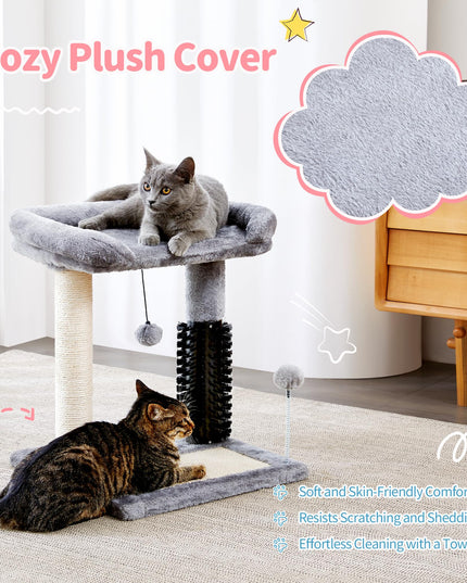 Made4Pets Small Cat Tree Tower, 4-in-1 Scratching Post With Self Groomer Brush, 20" Tall Natural Sisal Scratcher, Soft Plush Perch Bed With Dangling Ball for Indoor Kittens, Grey