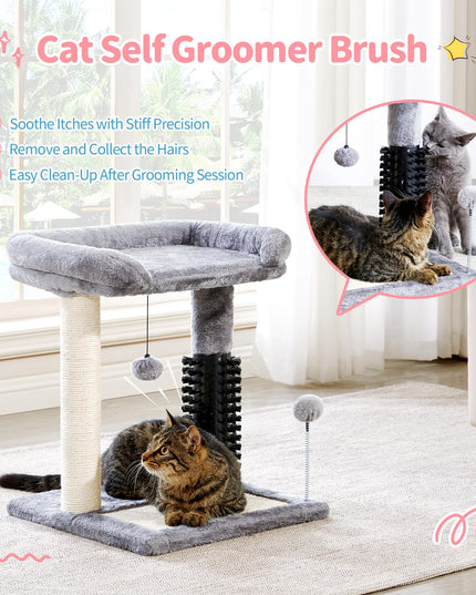 Made4Pets Small Cat Tree Tower, 4-in-1 Scratching Post With Self Groomer Brush, 20" Tall Natural Sisal Scratcher, Soft Plush Perch Bed With Dangling Ball for Indoor Kittens, Grey