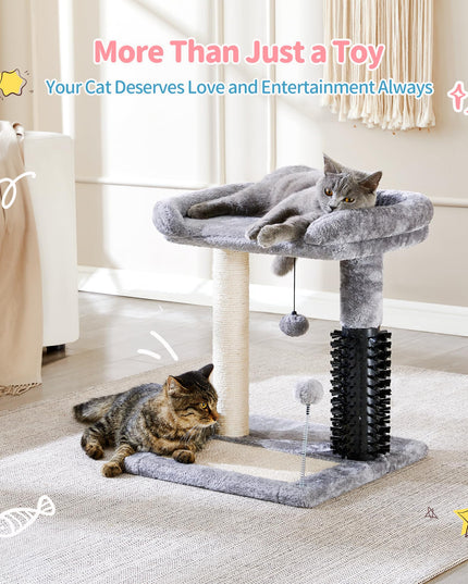 Made4Pets Small Cat Tree Tower, 4-in-1 Scratching Post With Self Groomer Brush, 20" Tall Natural Sisal Scratcher, Soft Plush Perch Bed With Dangling Ball for Indoor Kittens, Grey