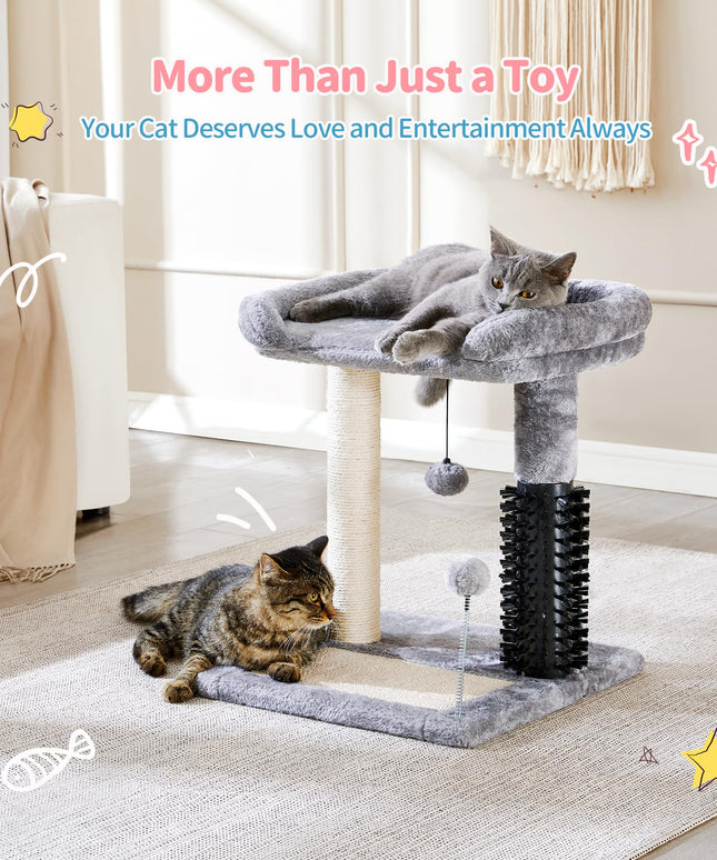 Made4Pets Small Cat Tree Tower, 4-in-1 Scratching Post With Self Groomer Brush, 20" Tall Natural Sisal Scratcher, Soft Plush Perch Bed With Dangling Ball for Indoor Kittens, Grey