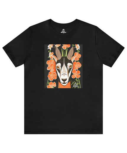 Goat with Orange Flowers, Soft 100% Jersey Cotton T-Shirt, Unisex, Short Sleeve, Retail Fit