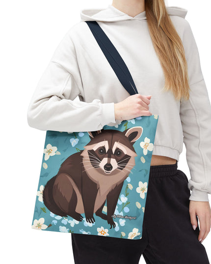 Young Raccoon w Flowers Tote Bag with Cotton Handles For Everyday Use, 3 Sizes