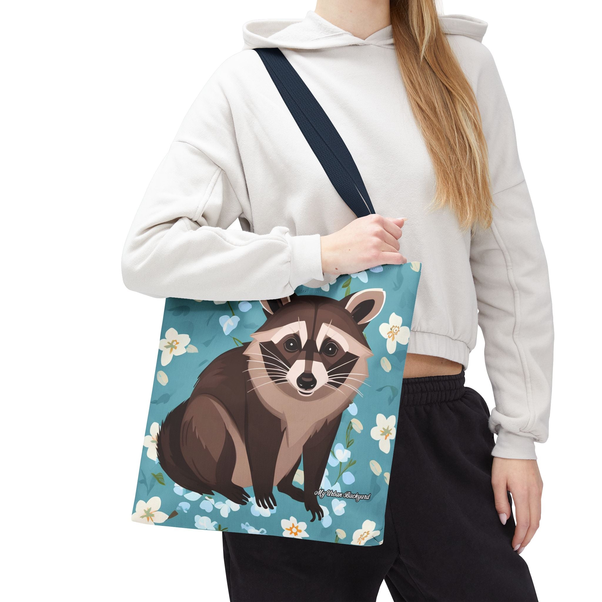 Young Raccoon w Flowers Tote Bag with Cotton Handles For Everyday Use, 3 Sizes