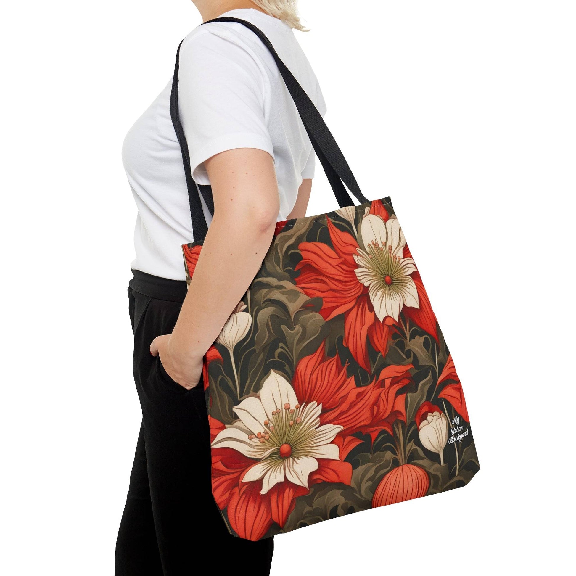 Everyday Tote Bag w Cotton Handles, Reusable Shoulder Bag, Holiday Flowers