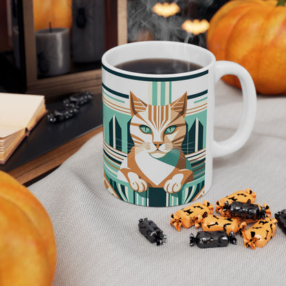 Art Deco Tabby Cat Ceramic Mug
