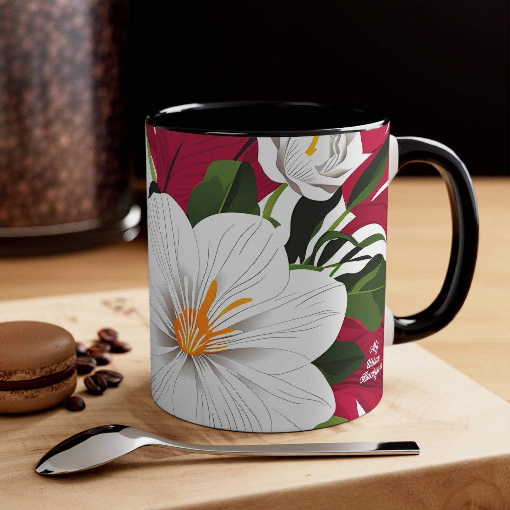 Ceramic Mug for Coffee, Tea, Hot Cocoa. Home/Office, White Flowers on Red