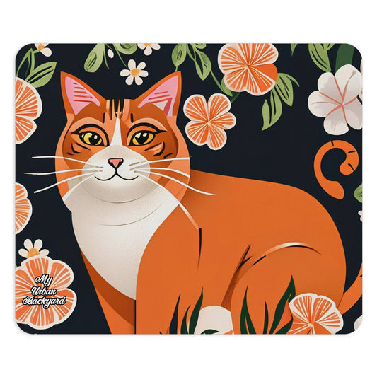 Computer Mouse Pad, Non-slip rubber bottom, Orange Cat w Orange Flowers