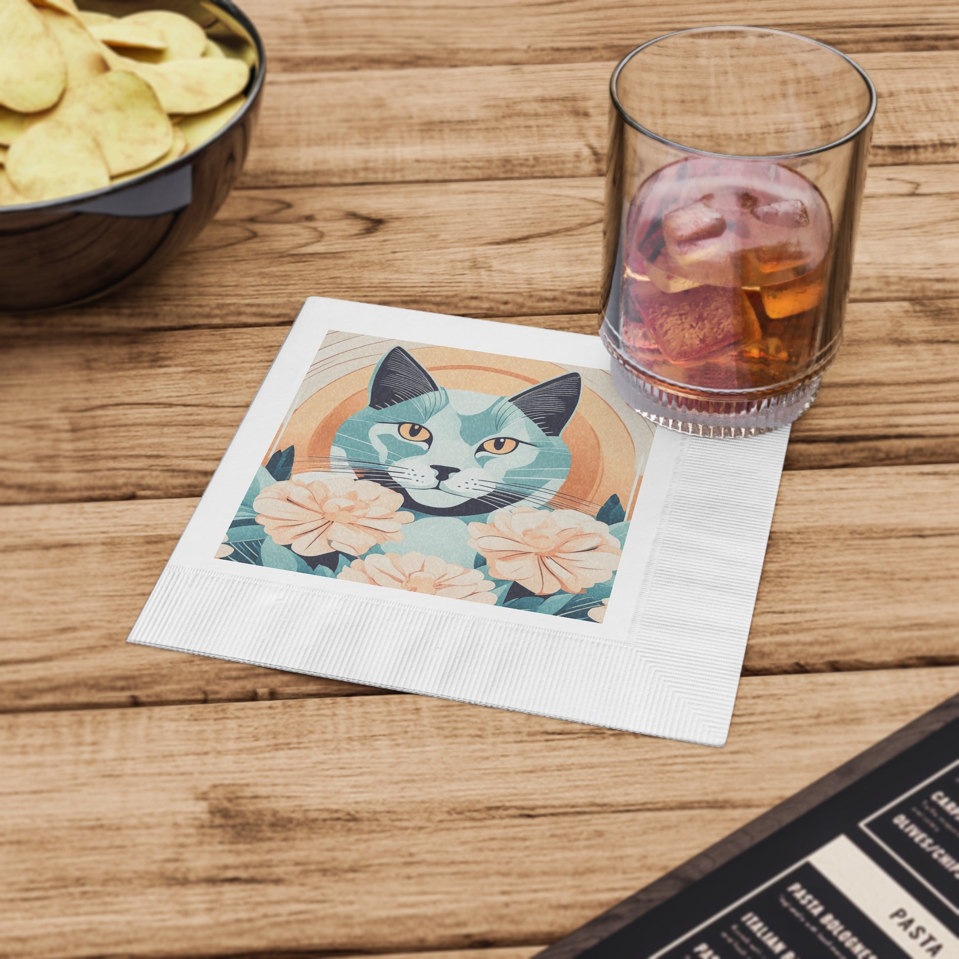 Leo Bluemane, Cat Floral Cocktail Napkins — Retro Blue Cat with Peach Roses, 2 sizes, Pack of 50 or 100