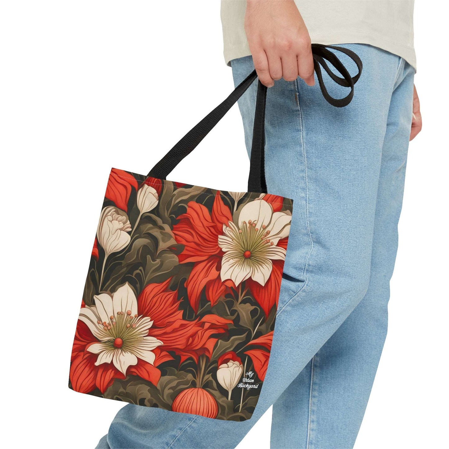 Everyday Tote Bag w Cotton Handles, Reusable Shoulder Bag, Holiday Flowers