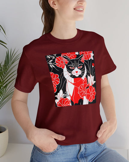 Tuxedo Cat with Red Flowers, Soft 100% Jersey Cotton T-Shirt, Unisex, Short Sleeve, Retail Fit
