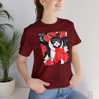 Tuxedo Cat with Red Flowers, Soft 100% Jersey Cotton T-Shirt, Unisex, Short Sleeve, Retail Fit