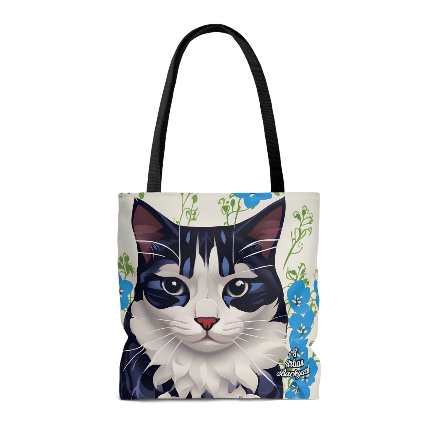 Cat and Blue Flowers, Tote Bag for Everyday Use - Durable and Functional