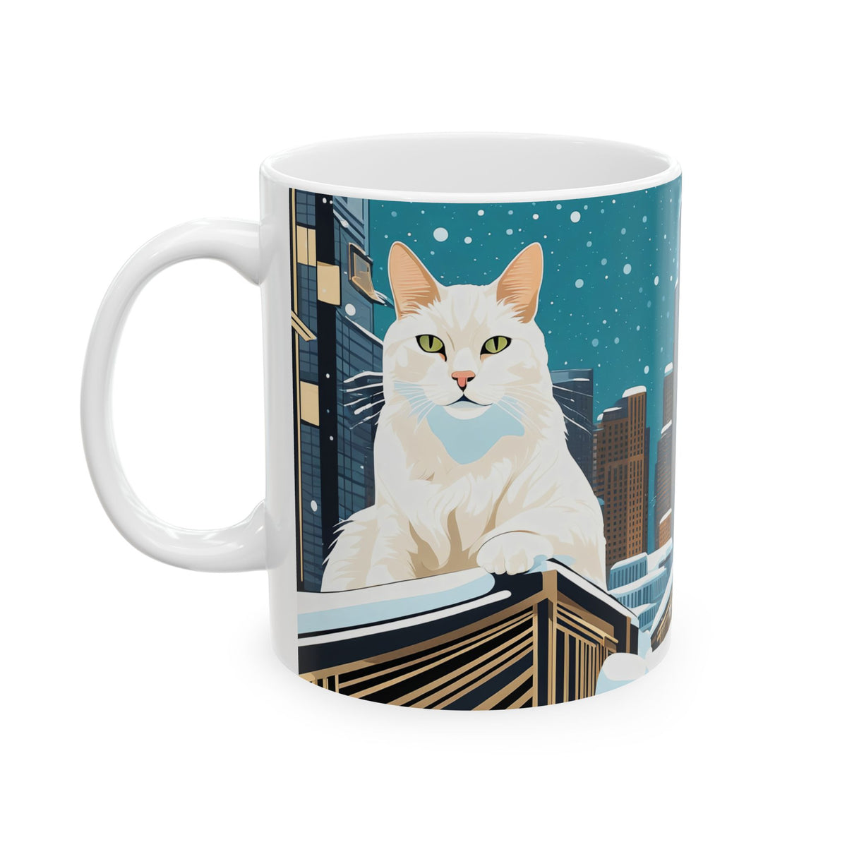Snowy City Cat Ceramic Mug - 11 oz