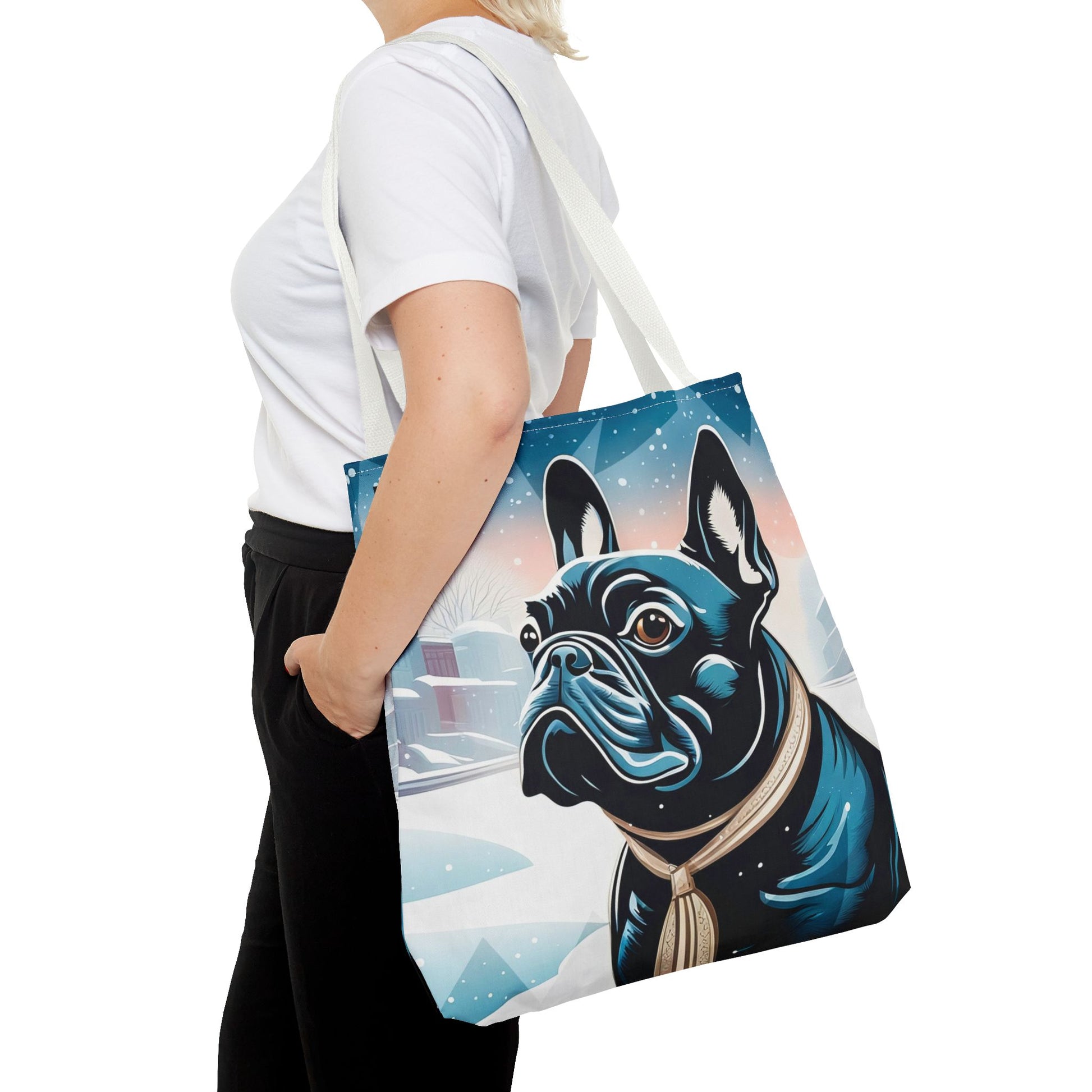 French Bulldog Winter Tote Bag — Snowy Pup All-Over Print Tote