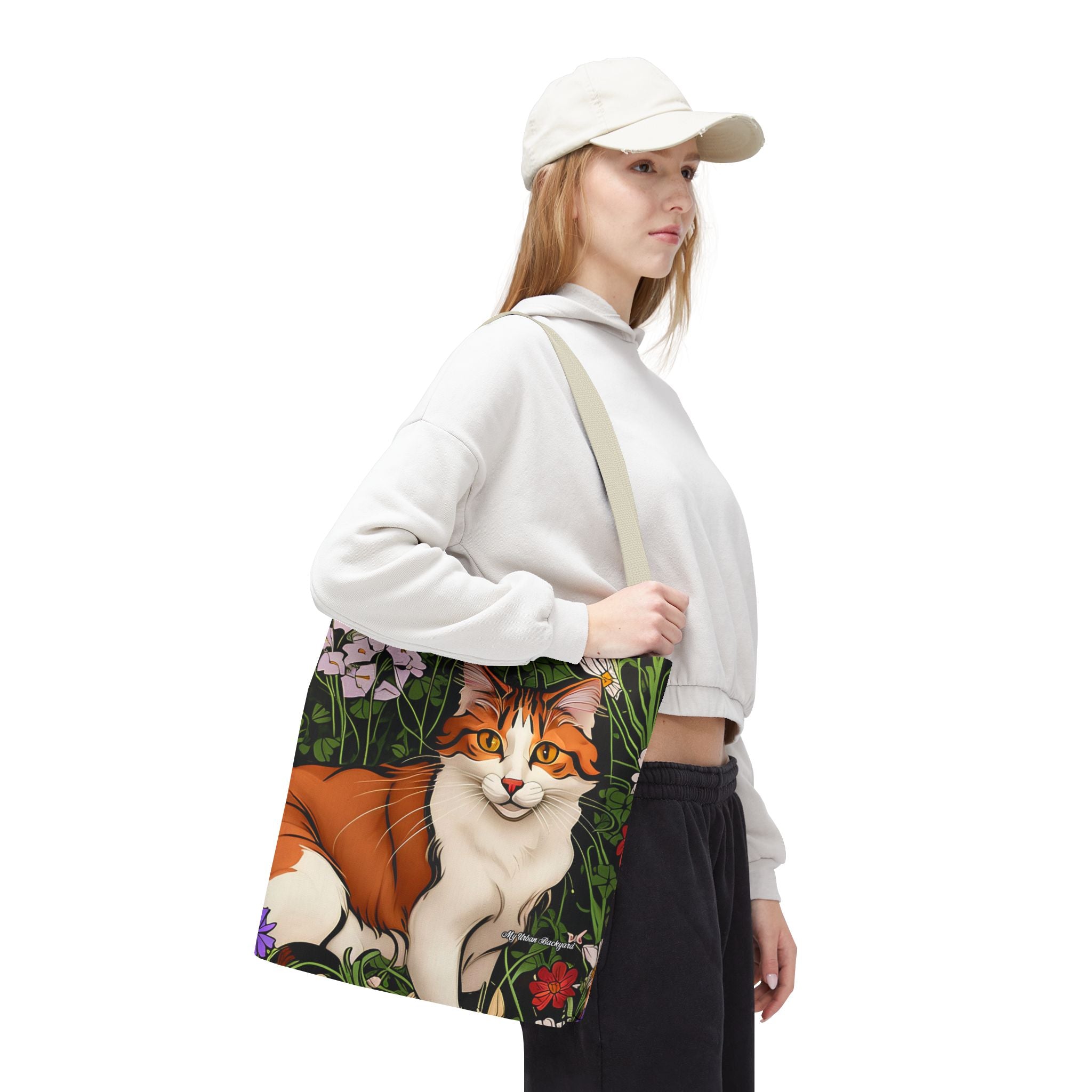 Orange Cat with Flowers Tote Bag with Cotton Handles For Everyday Use, 3 Sizes
