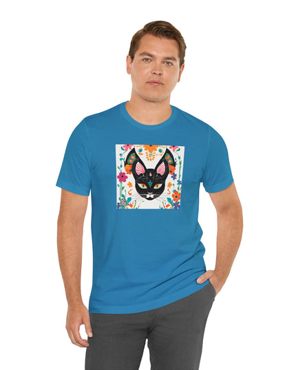 Black Cat w Green Eyes & Flowers, Soft 100% Jersey Cotton T-Shirt, Unisex, Short Sleeve, Retail Fit