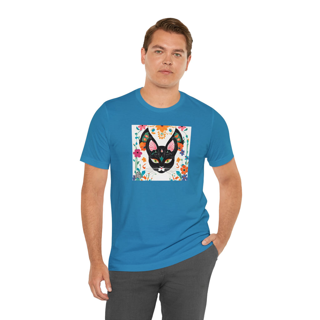 Black Cat w Green Eyes & Flowers, Soft 100% Jersey Cotton T-Shirt, Unisex, Short Sleeve, Retail Fit